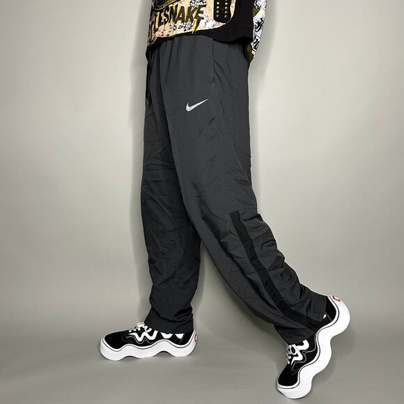 Nike Track Pants Dark Grey Polyester Sweatpants White Swoosh Black Baggy Dri Fit
